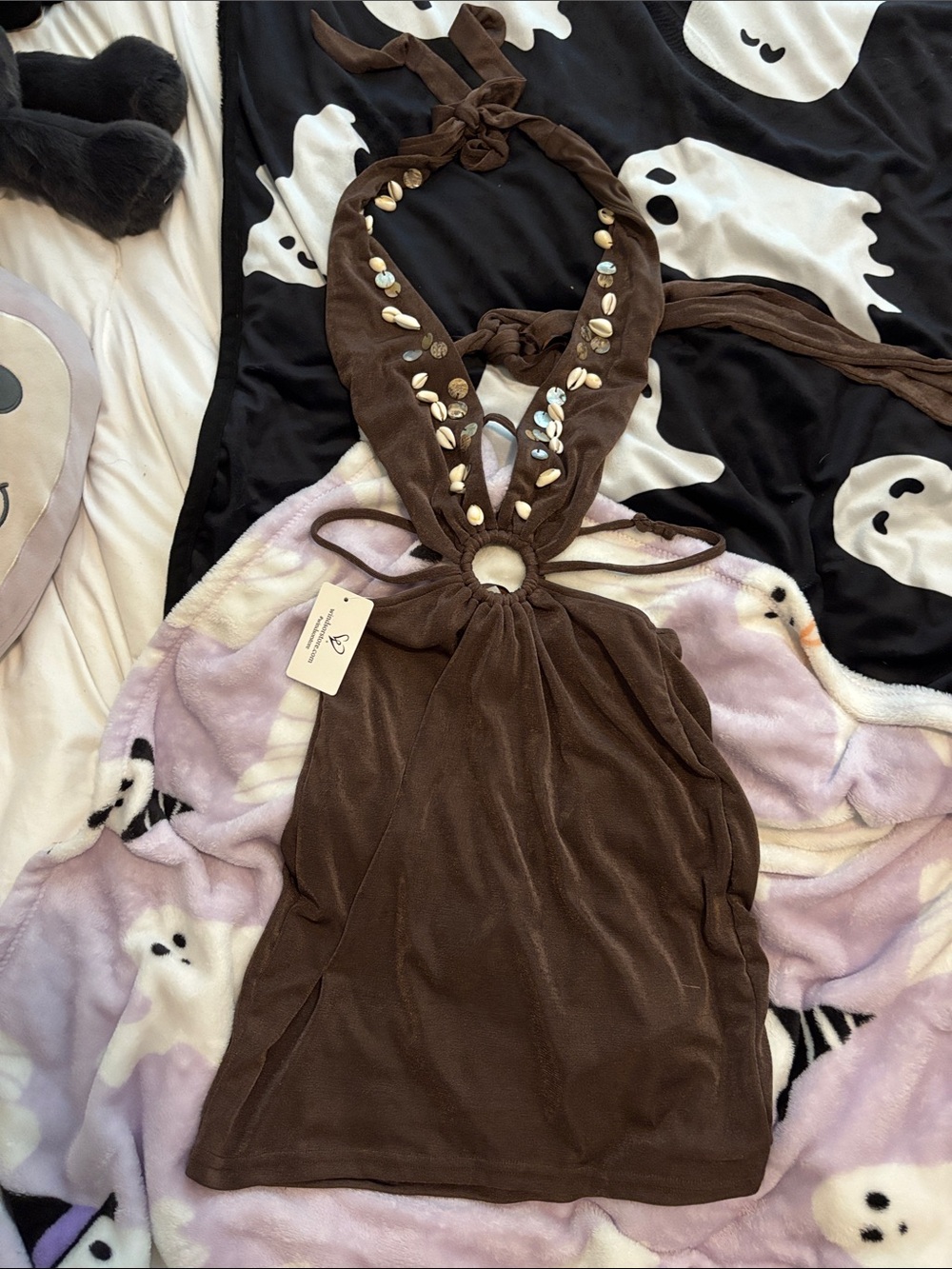 Womens Brown Halter Dress with Shell Embellishments